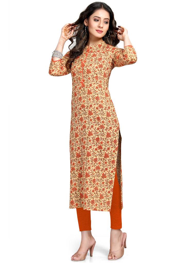 Beige And Orange Pure Cambric Cotton Jaipuri Printed Kurti - Rajnandini