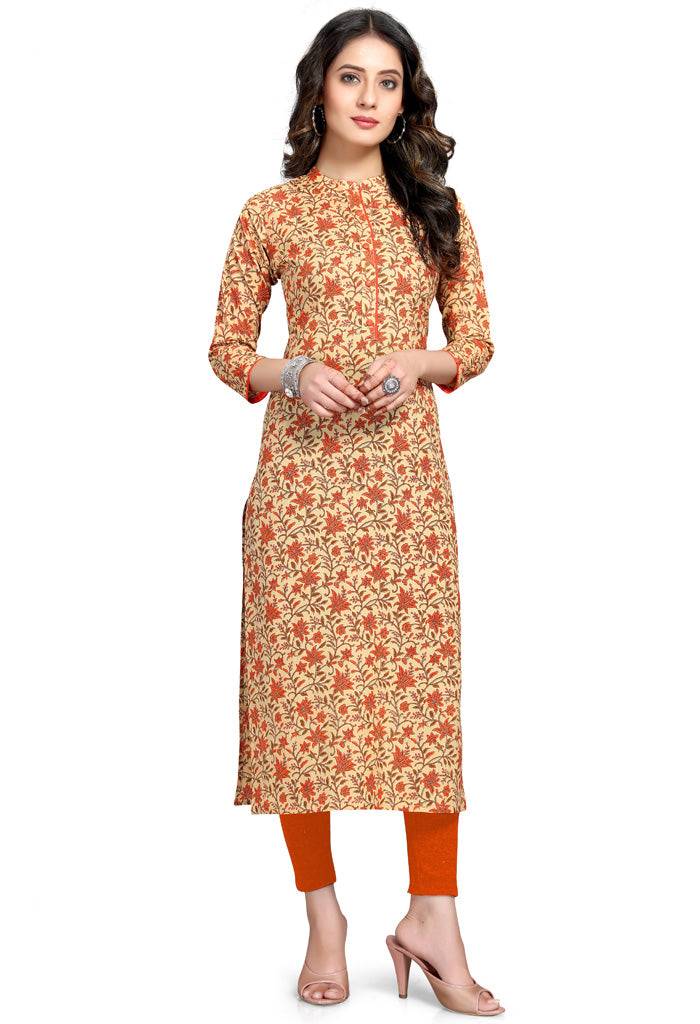 Beige And Orange Pure Cambric Cotton Jaipuri Printed Kurti - Rajnandini