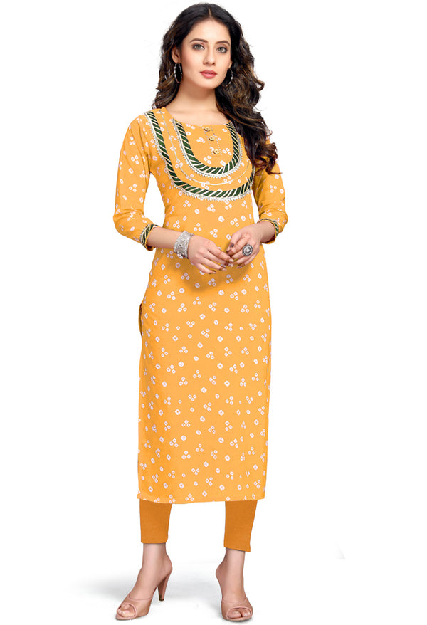 Yellow Pure Cambric Cotton Jaipuri Printed Kurti