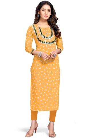 Yellow Pure Cambric Cotton Jaipuri Printed Kurti