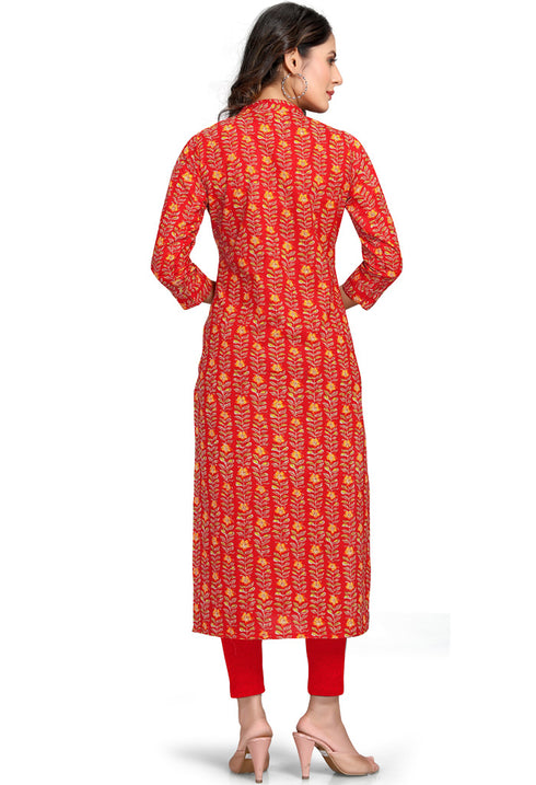 Red Pure Cambric Cotton Printed Kurti