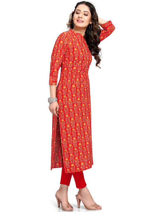 Red Pure Cambric Cotton Printed Kurti