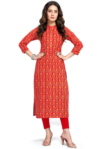 Red Pure Cambric Cotton Printed Kurti