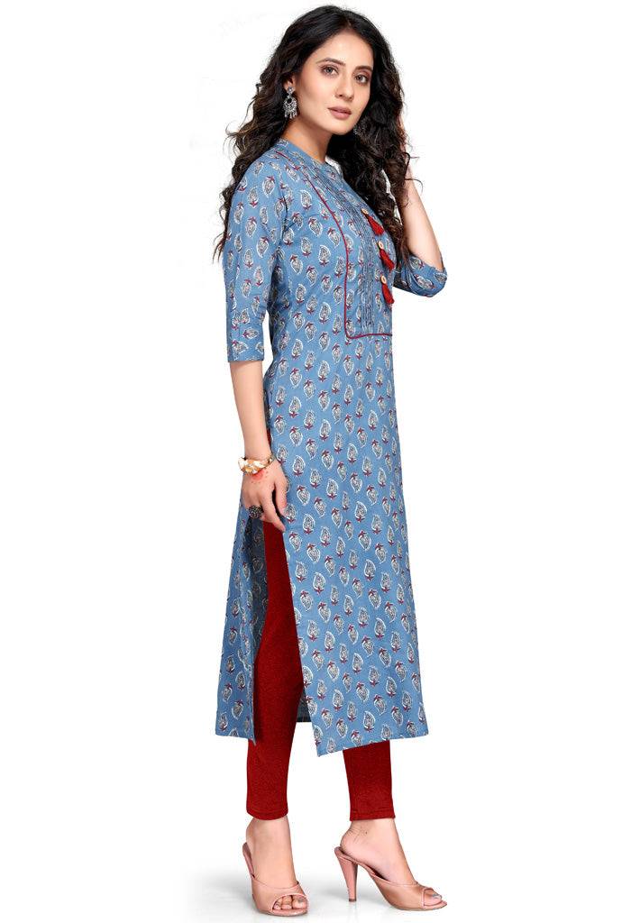 Blue Pure Cambric Cotton Jaipuri Printed Kurti