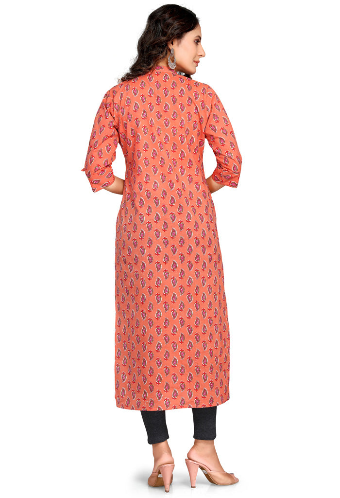 Orange Pure Cambric Cotton Jaipuri Printed Kurti