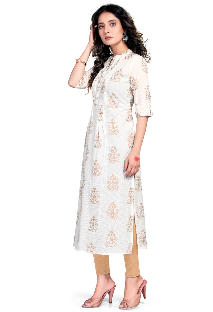 White Pure Cambric Cotton Jaipuri Printed Kurti