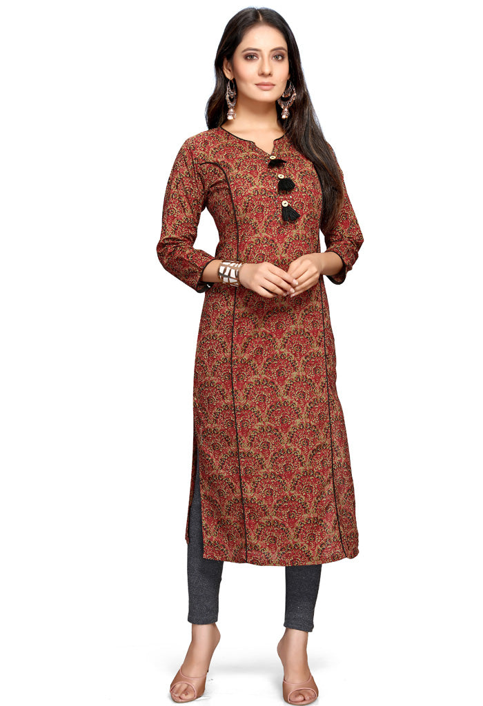 Maroon Pure Cambric Cotton Jaipuri Printed Kurti