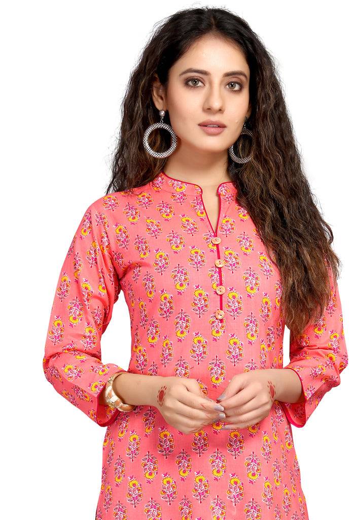 Baby Pink Pure Cambric Cotton Jaipuri Printed Kurti - Rajnandini