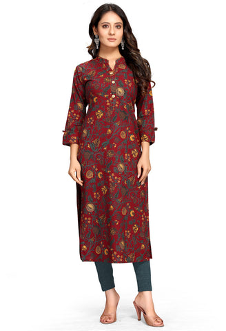 Maroon Pure Cambric Cotton Jaipuri Printed Kurti