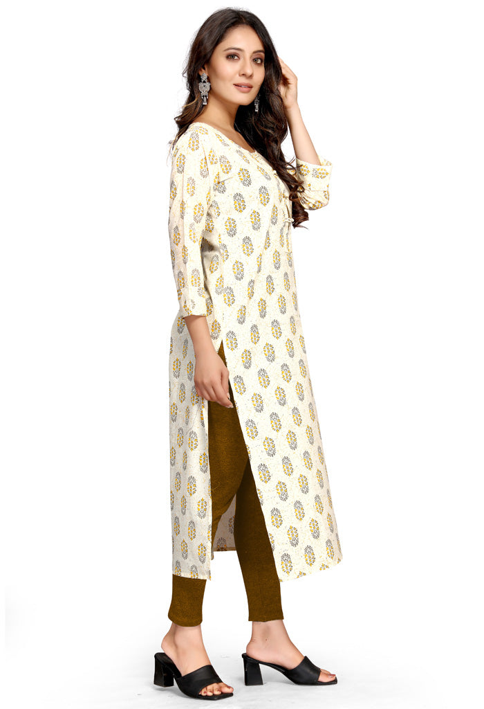 Beige And Yellow Pure Cambric Cotton Jaipuri Printed Kurti - Rajnandini