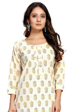 Load image into Gallery viewer, Beige And Yellow Pure Cambric Cotton Jaipuri Printed Kurti - Rajnandini