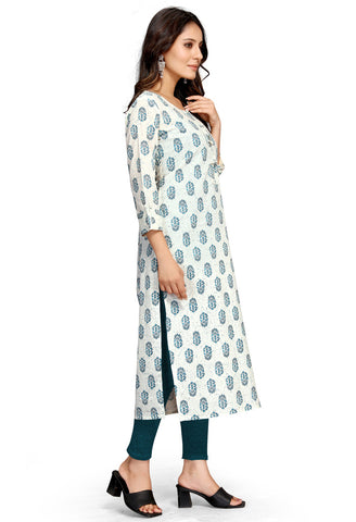 White And Blue Pure Cambric Cotton Jaipuri Printed Kurti