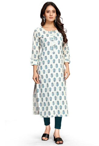 White And Blue Pure Cambric Cotton Jaipuri Printed Kurti