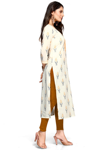 Off-White & Yellow Pure Cambric Cotton Jaipuri Printed Kurti