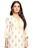 Off-White & Yellow Pure Cambric Cotton Jaipuri Printed Kurti