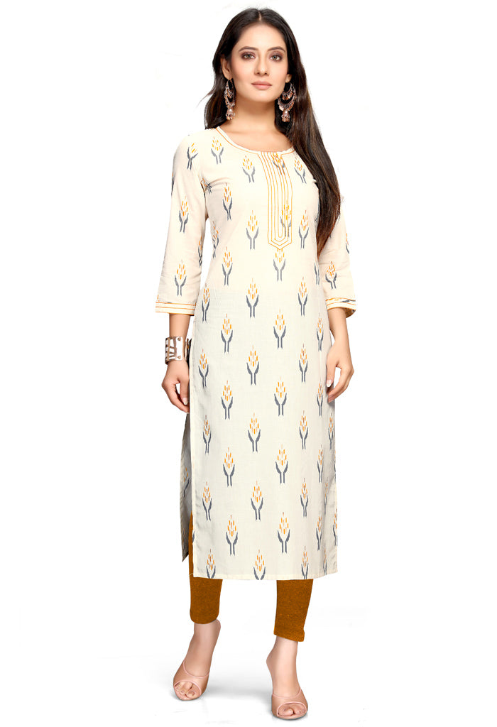 Off-White & Yellow Pure Cambric Cotton Jaipuri Printed Kurti