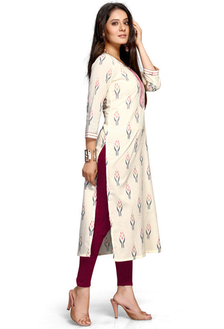 Off-White & Pink Pure Cambric Cotton Jaipuri Printed Kurti