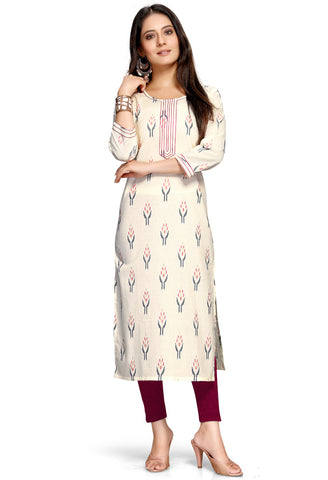Off-White & Pink Pure Cambric Cotton Jaipuri Printed Kurti