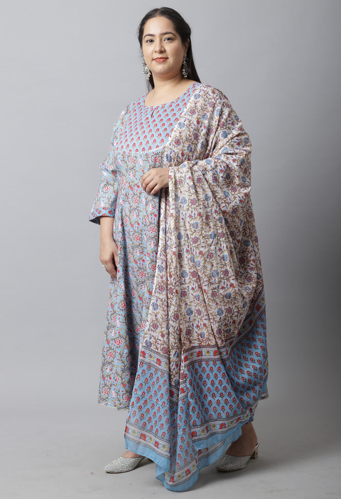 Pure Cambric Cotton Printed Plus Size Kurta Set With Dupatta
