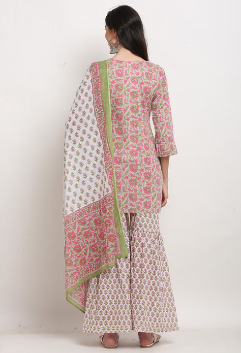 Pink And Beige Pure Cambric Cotton Floral Printed Kurta Set With Dupatta