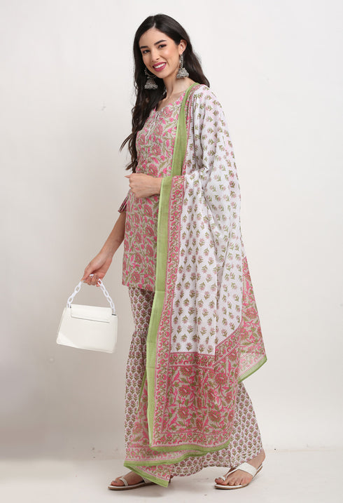Pink And Beige Pure Cambric Cotton Floral Printed Kurta Set With Dupatta
