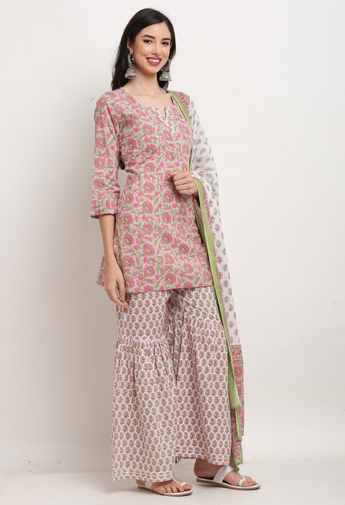 Pink And Beige Pure Cambric Cotton Floral Printed Kurta Set With Dupatta