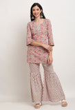 Pink And Beige Pure Cambric Cotton Floral Printed Kurta Set With Dupatta