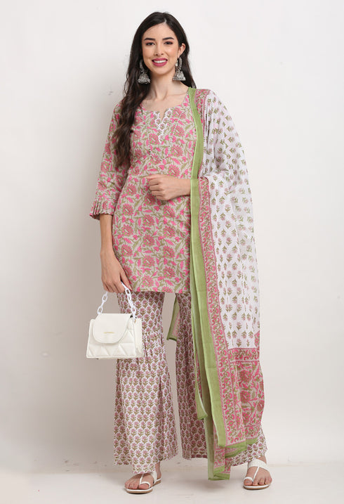 Pink And Beige Pure Cambric Cotton Floral Printed Kurta Set With Dupatta