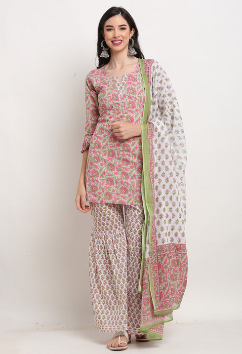Pink And Beige Pure Cambric Cotton Floral Printed Kurta Set With Dupatta