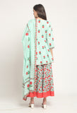 Sea Green Pure Cambric Cotton Floral Printed Kurta Set With Dupatta