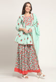 Sea Green Pure Cambric Cotton Floral Printed Kurta Set With Dupatta