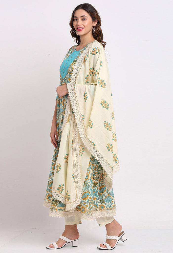 Beige And Blue Pure Cambric Cotton Floral Printed Kurta Set With Dupatta - Rajnandini
