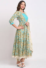 Load image into Gallery viewer, Beige And Blue Pure Cambric Cotton Floral Printed Kurta Set With Dupatta - Rajnandini