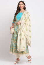 Load image into Gallery viewer, Beige And Blue Pure Cambric Cotton Floral Printed Kurta Set With Dupatta - Rajnandini