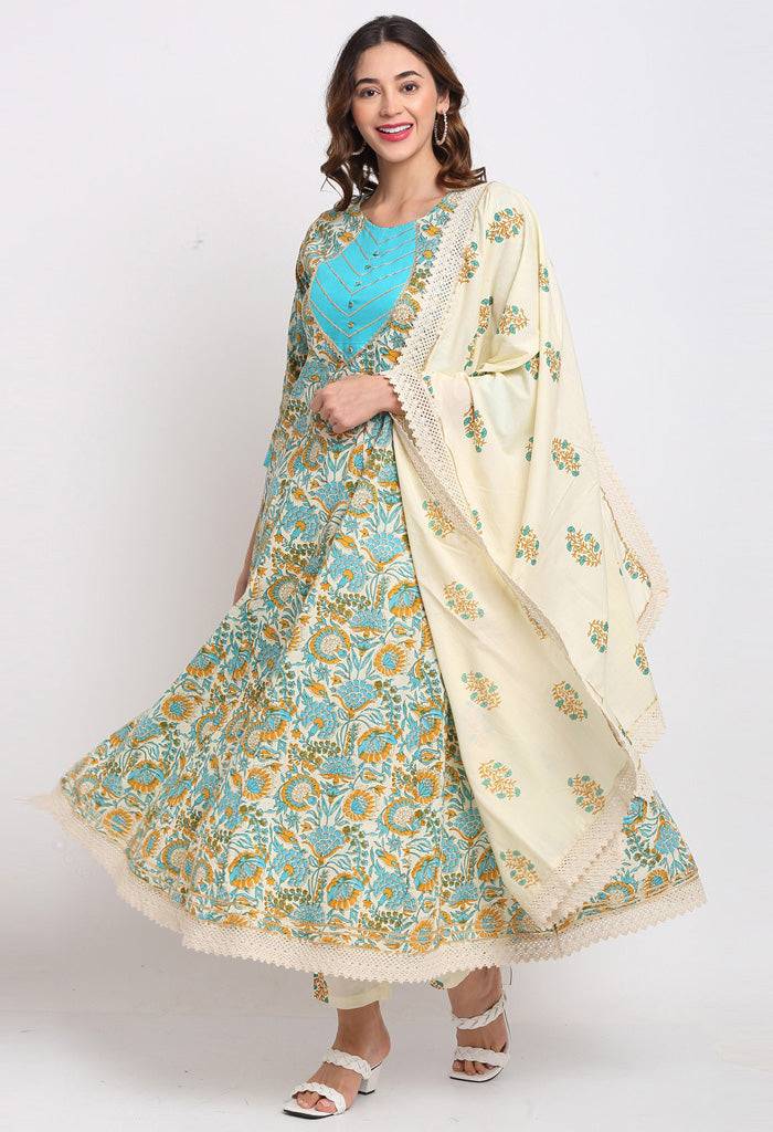 Beige And Blue Pure Cambric Cotton Floral Printed Kurta Set With Dupatta - Rajnandini