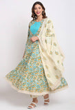 Beige And Blue Pure Cambric Cotton Floral Printed Kurta Set With Dupatta