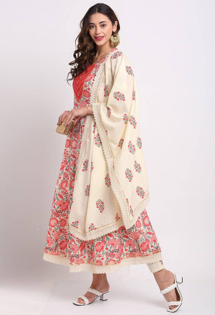 Beige And Red Pure Cambric Cotton Floral Printed Kurta Set With Dupatta - Rajnandini