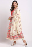 Beige And Red Pure Cambric Cotton Floral Printed Kurta Set With Dupatta