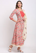 Load image into Gallery viewer, Beige And Red Pure Cambric Cotton Floral Printed Kurta Set With Dupatta - Rajnandini