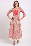 Beige And Red Pure Cambric Cotton Floral Printed Kurta Set With Dupatta
