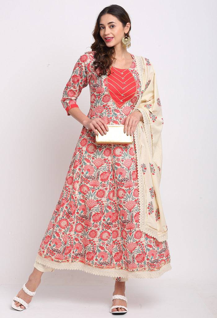 Beige And Red Pure Cambric Cotton Floral Printed Kurta Set With Dupatta - Rajnandini