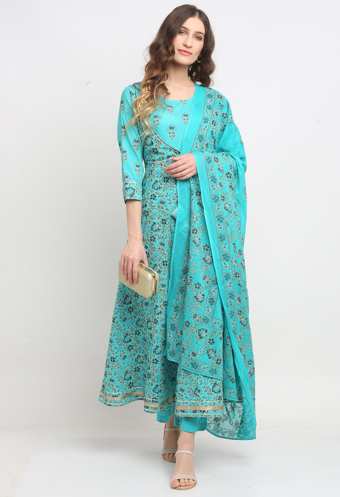 Sky Blue Pure Cambric Cotton Floral Printed Kurta Set With Dupatta