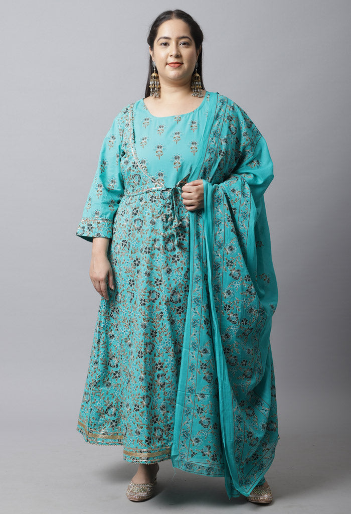 Pure Cambric Cotton Printed Plus Size Kurta Set With Dupatta