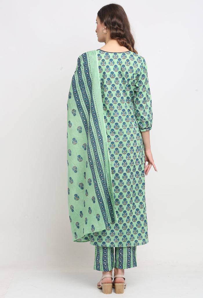 Green Pure Cambric Cotton Floral Printed Kurta Set With Dupatta