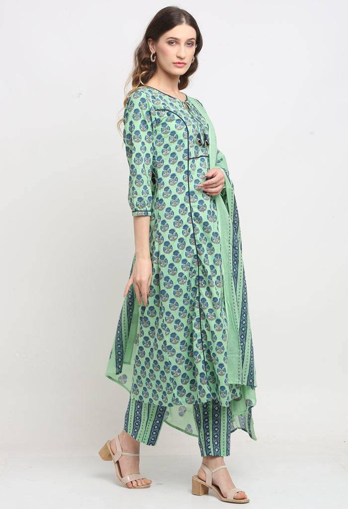 Green Pure Cambric Cotton Floral Printed Kurta Set With Dupatta
