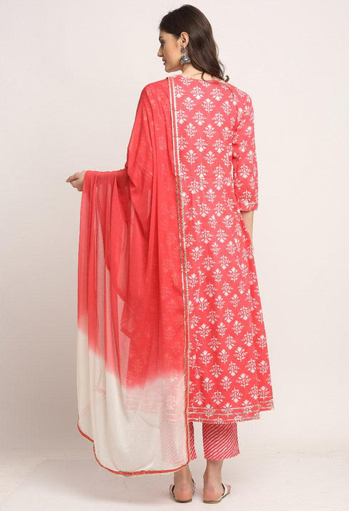 Pink Pure Cambric Cotton Floral Printed Kurta Set With Dupatta