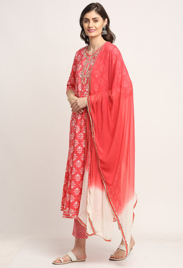 Pink Pure Cambric Cotton Floral Printed Kurta Set With Dupatta