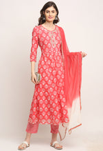 Load image into Gallery viewer, Pink Pure Cambric Cotton Floral Printed Kurta Set With Dupatta