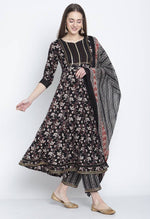 Load image into Gallery viewer, Black Pure Cambric Cotton Printed Kurta Set With Dupatta