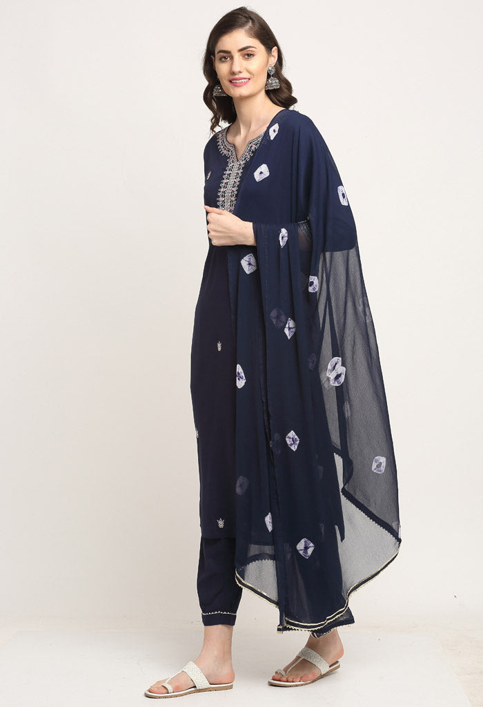 Navy Blue Pure Cambric Cotton Embroidered Kurta Set With Dupatta